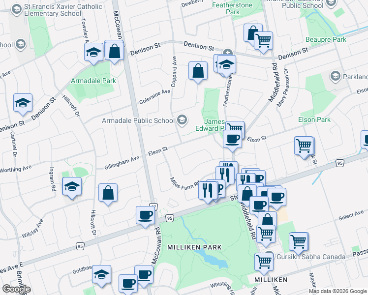 map of restaurants, bars, coffee shops, grocery stores, and more near in Markham