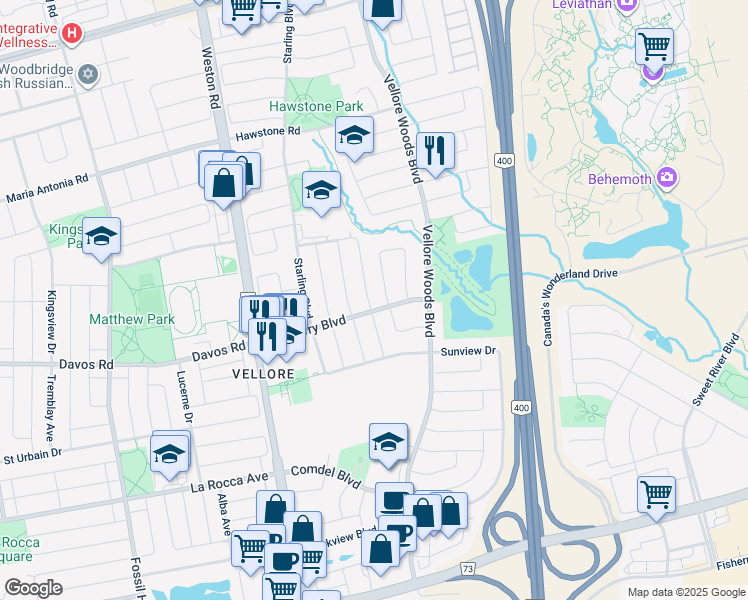 map of restaurants, bars, coffee shops, grocery stores, and more near 9 Royview Crescent in Vaughan