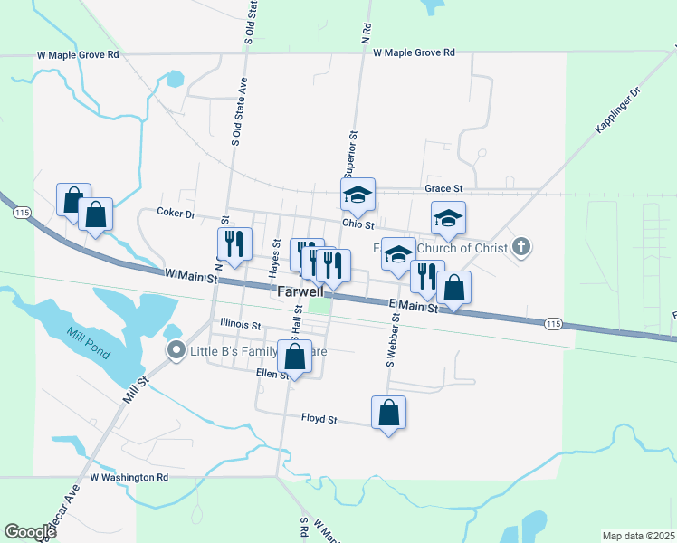 map of restaurants, bars, coffee shops, grocery stores, and more near 207 North Superior Street in Farwell
