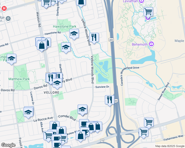 map of restaurants, bars, coffee shops, grocery stores, and more near Vellore Woods Boulevard in Vaughan