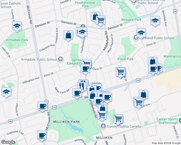 map of restaurants, bars, coffee shops, grocery stores, and more near 10 Tracey Lynne Court in Markham