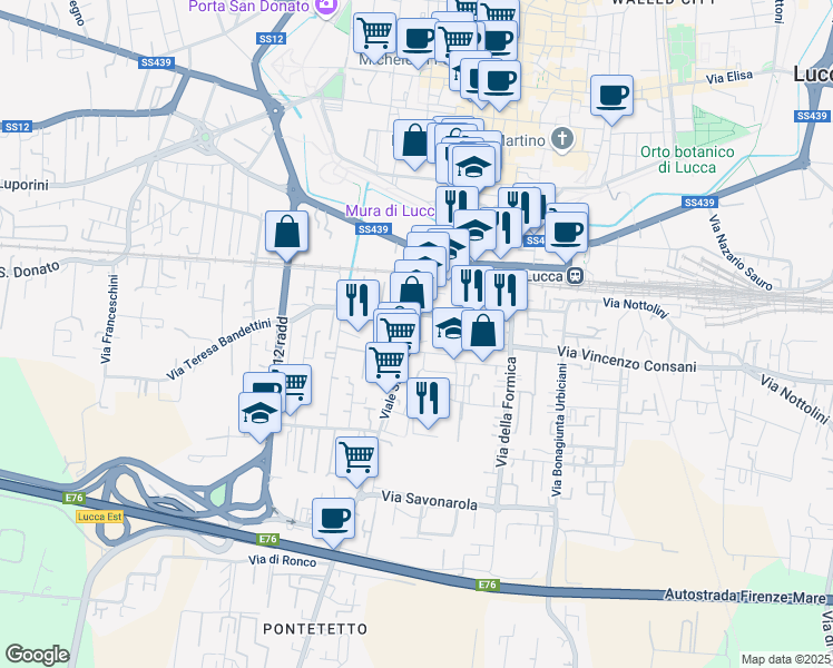 map of restaurants, bars, coffee shops, grocery stores, and more near 235 Viale San Concordio in Lucca