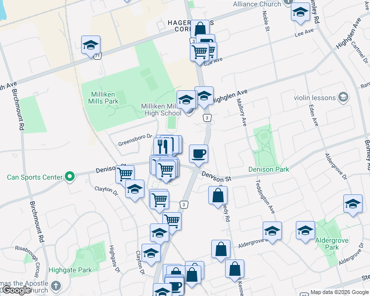 map of restaurants, bars, coffee shops, grocery stores, and more near 117 Macon Place in Markham