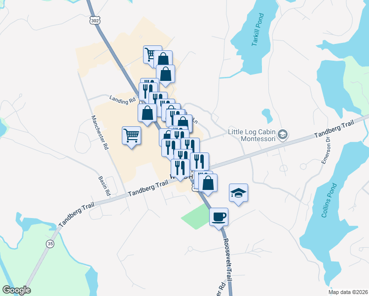map of restaurants, bars, coffee shops, grocery stores, and more near 759 Roosevelt Trail in Windham
