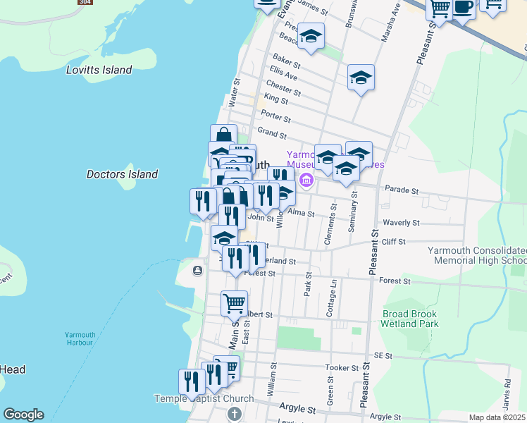 map of restaurants, bars, coffee shops, grocery stores, and more near Alma Street in Yarmouth