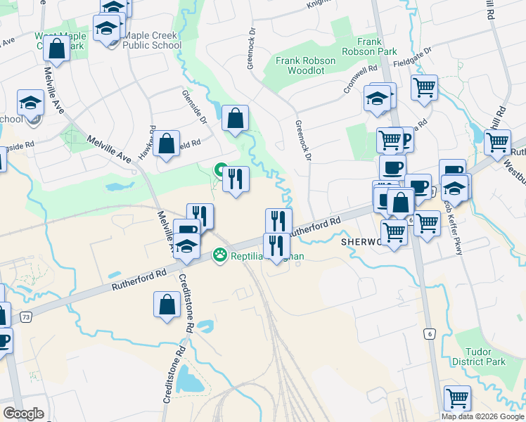 map of restaurants, bars, coffee shops, grocery stores, and more near 2502 Rutherford Road in Vaughan