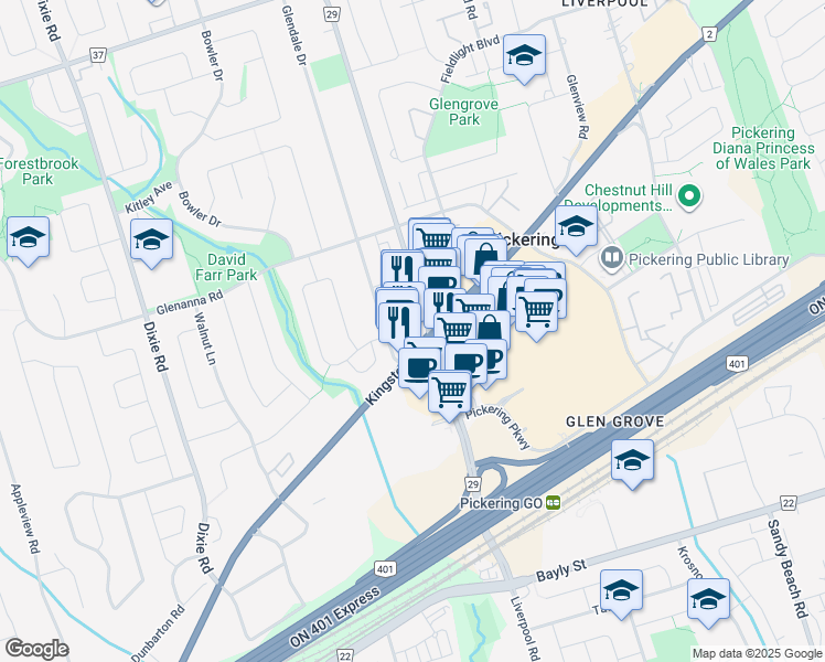 map of restaurants, bars, coffee shops, grocery stores, and more near 1294 Kingston Road in Pickering