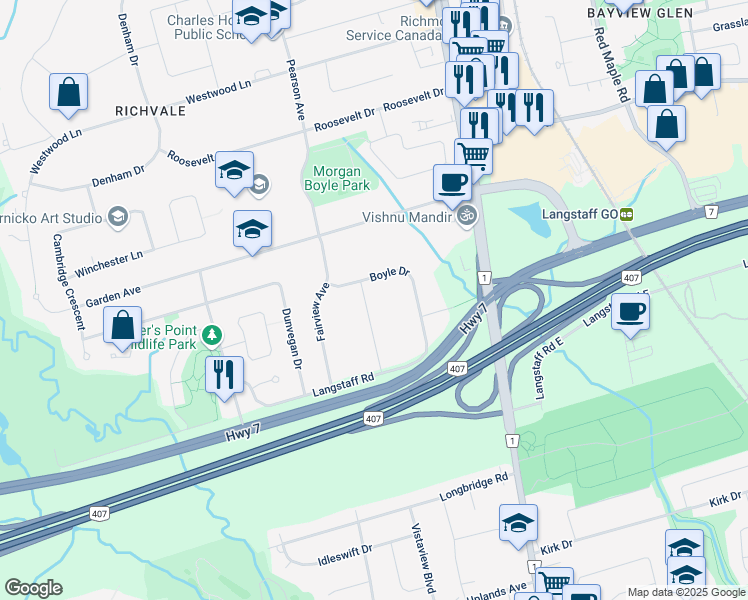 map of restaurants, bars, coffee shops, grocery stores, and more near 21 Yongeview Avenue in Richmond Hill