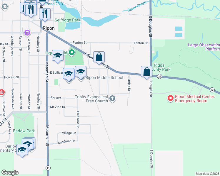 map of restaurants, bars, coffee shops, grocery stores, and more near 683 Harvey Street in Ripon