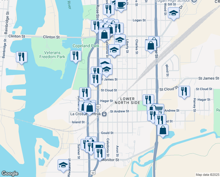 map of restaurants, bars, coffee shops, grocery stores, and more near 804 Caledonia Street in La Crosse
