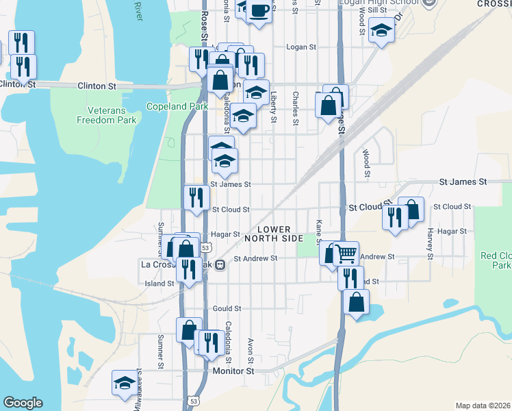 map of restaurants, bars, coffee shops, grocery stores, and more near 802 Avon Street in La Crosse