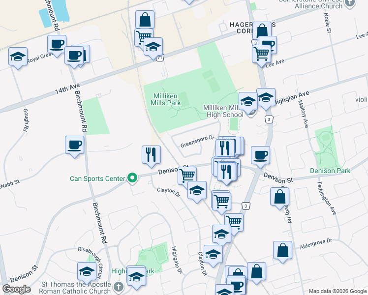 map of restaurants, bars, coffee shops, grocery stores, and more near 125 Greensboro Drive in Markham