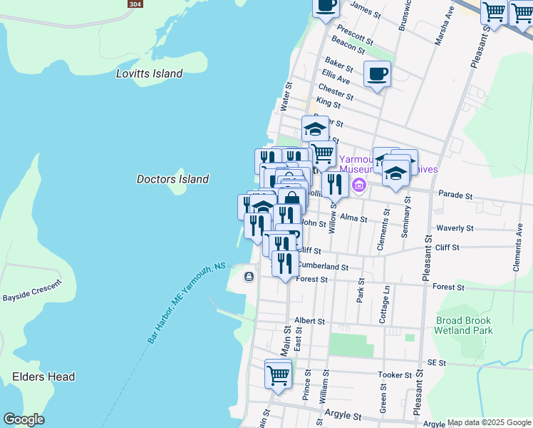 map of restaurants, bars, coffee shops, grocery stores, and more near 1 Central Street in Yarmouth
