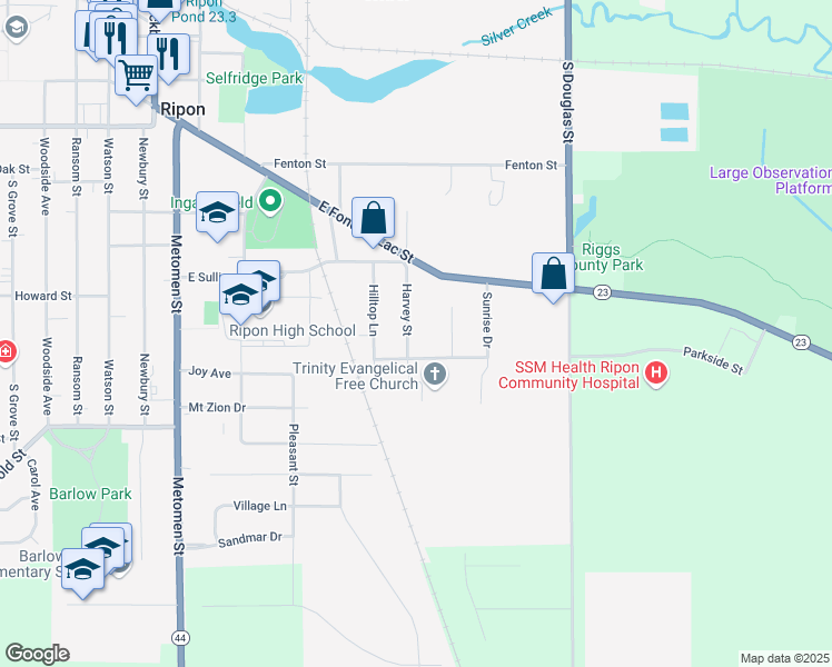 map of restaurants, bars, coffee shops, grocery stores, and more near 683 Harvey Street in Ripon
