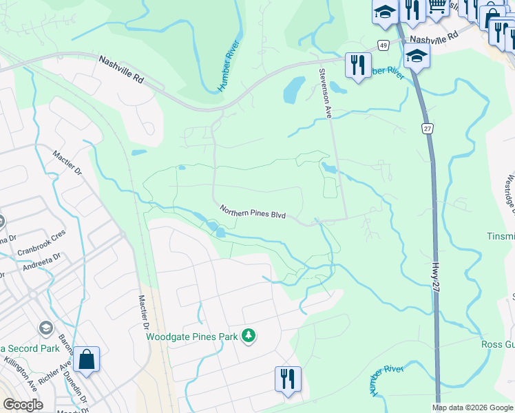 map of restaurants, bars, coffee shops, grocery stores, and more near 156 Northern Pines Boulevard in Vaughan