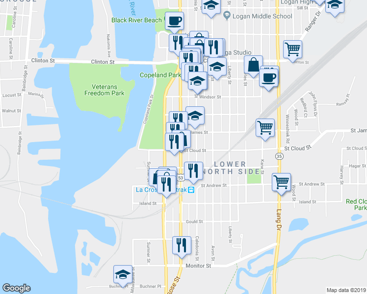 map of restaurants, bars, coffee shops, grocery stores, and more near 802 Rose Street in La Crosse