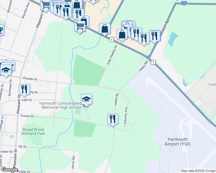 map of restaurants, bars, coffee shops, grocery stores, and more near 120 Parade Street in Yarmouth