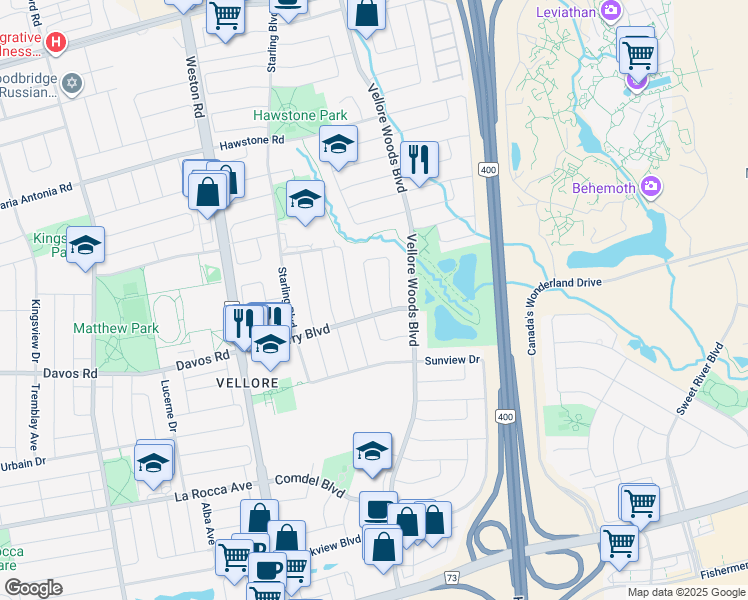 map of restaurants, bars, coffee shops, grocery stores, and more near 9 Royview Crescent in Vaughan