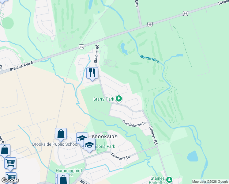 map of restaurants, bars, coffee shops, grocery stores, and more near 10 Solstice Drive in Toronto