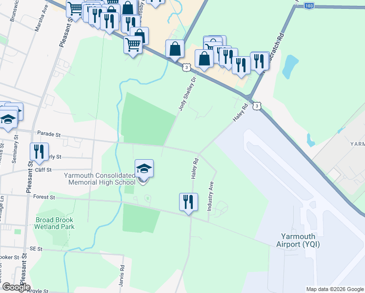map of restaurants, bars, coffee shops, grocery stores, and more near 120 Parade Street in Yarmouth