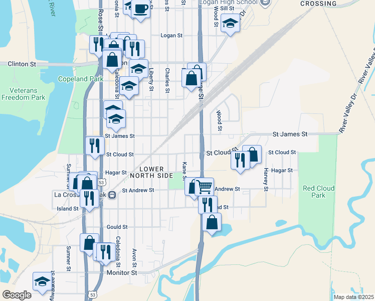 map of restaurants, bars, coffee shops, grocery stores, and more near 802 Kane Street in La Crosse