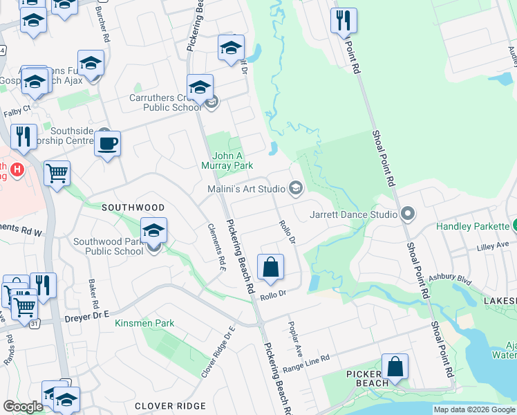 map of restaurants, bars, coffee shops, grocery stores, and more near 81 Gates Crescent in Ajax