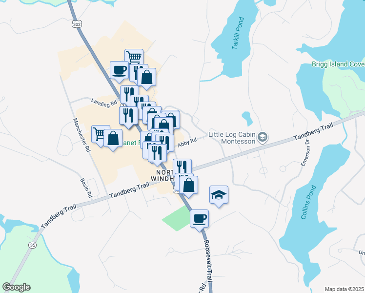map of restaurants, bars, coffee shops, grocery stores, and more near 17 Abby Road in Windham