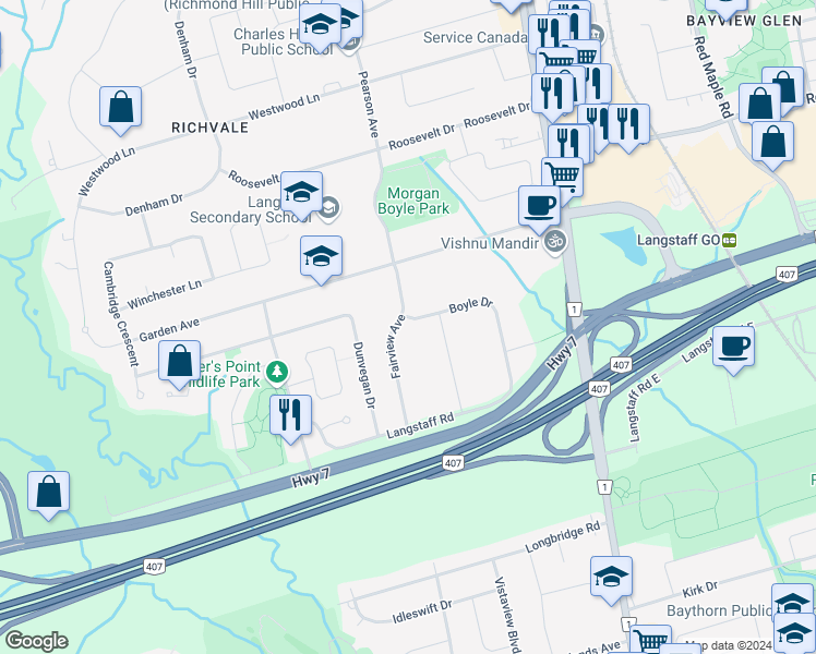 map of restaurants, bars, coffee shops, grocery stores, and more near 29 Fairview Avenue in Richmond Hill