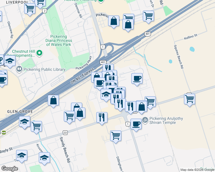 map of restaurants, bars, coffee shops, grocery stores, and more near 1080 Brock Road in Pickering