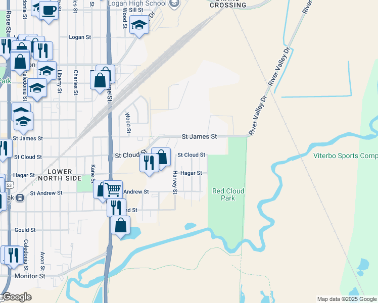map of restaurants, bars, coffee shops, grocery stores, and more near 1627 Saint Cloud Street in La Crosse