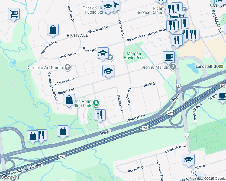 map of restaurants, bars, coffee shops, grocery stores, and more near 105 Old Surrey Lane in Richmond Hill