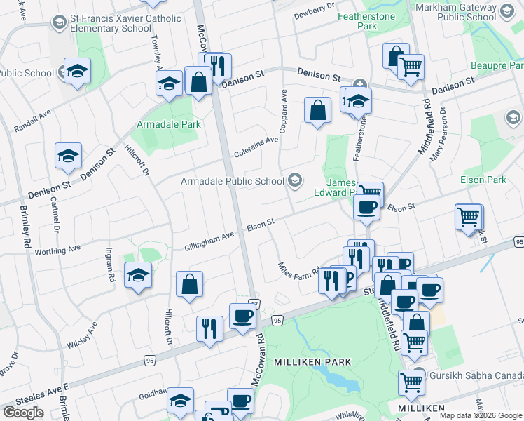 map of restaurants, bars, coffee shops, grocery stores, and more near 33 Rowe Court in Markham
