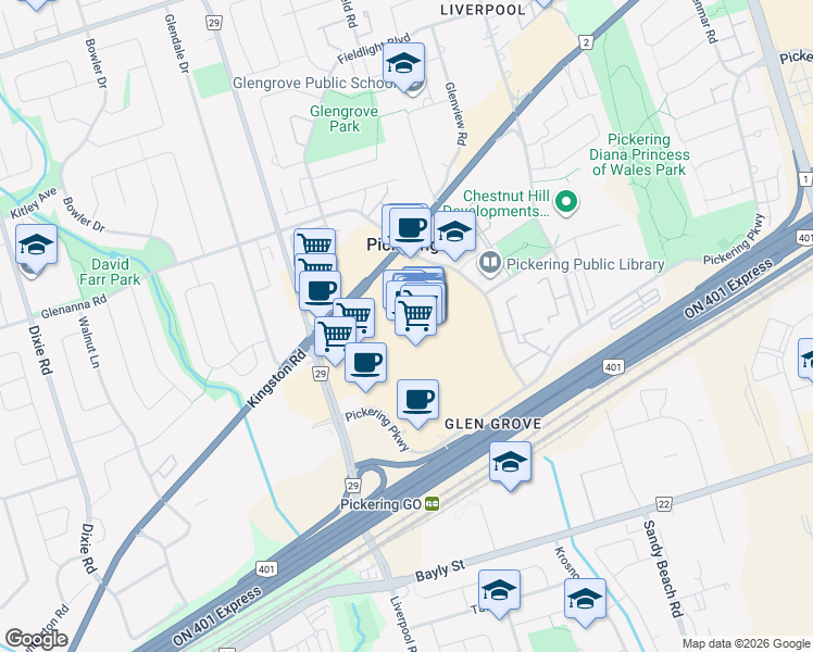 map of restaurants, bars, coffee shops, grocery stores, and more near 1355 Kingston Road in Pickering