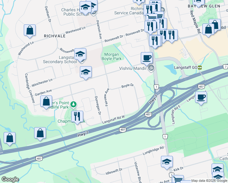 map of restaurants, bars, coffee shops, grocery stores, and more near 50 Boyle Drive in Richmond Hill
