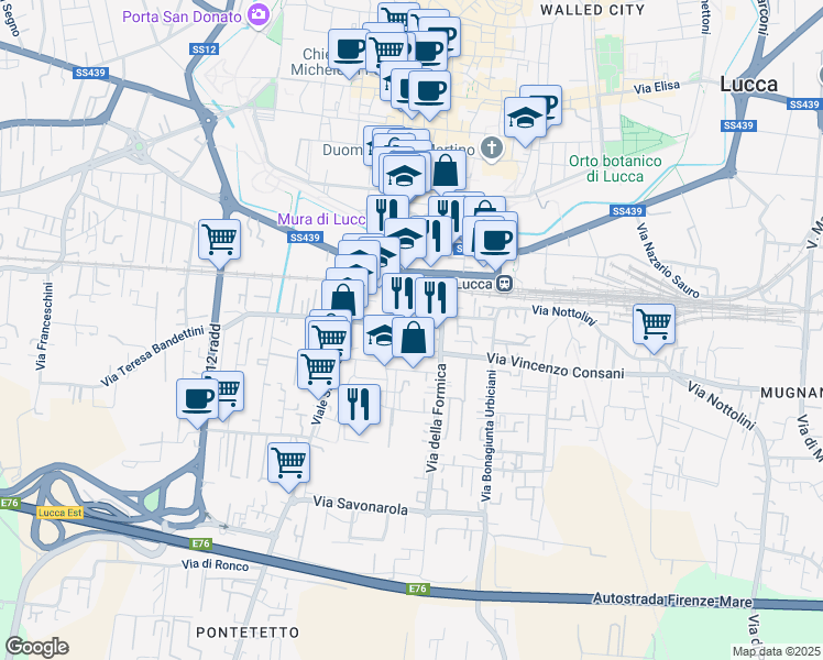 map of restaurants, bars, coffee shops, grocery stores, and more near 192 Via Giovanni Guidiccioni in Lucca