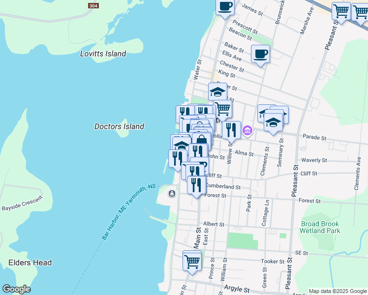 map of restaurants, bars, coffee shops, grocery stores, and more near 1 Central Street in Yarmouth