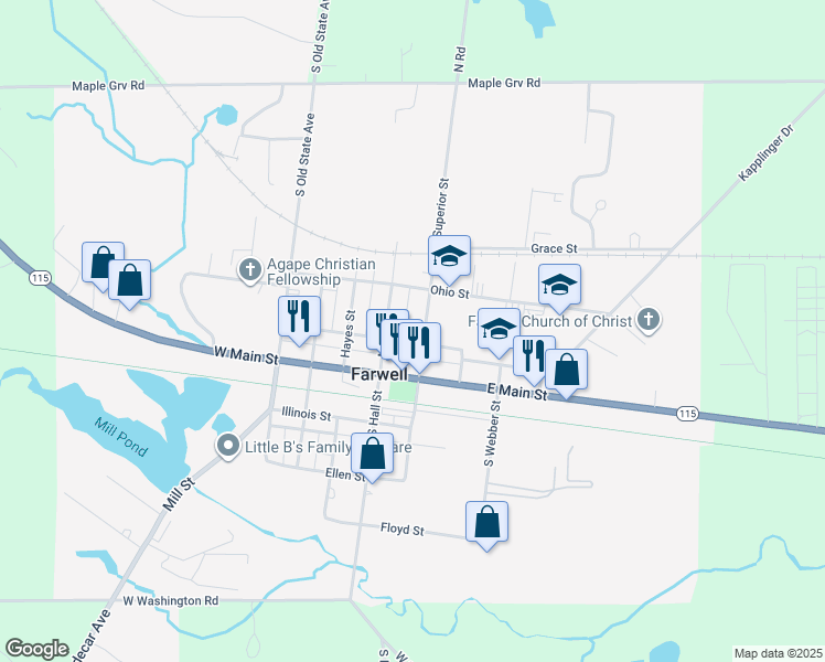 map of restaurants, bars, coffee shops, grocery stores, and more near 207 North Superior Street in Farwell