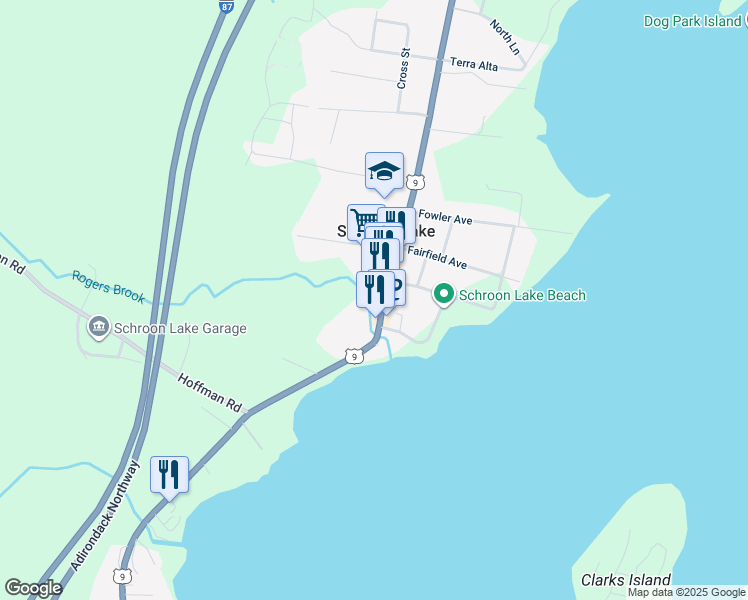 map of restaurants, bars, coffee shops, grocery stores, and more near 1085 Route 9 in Schroon Lake