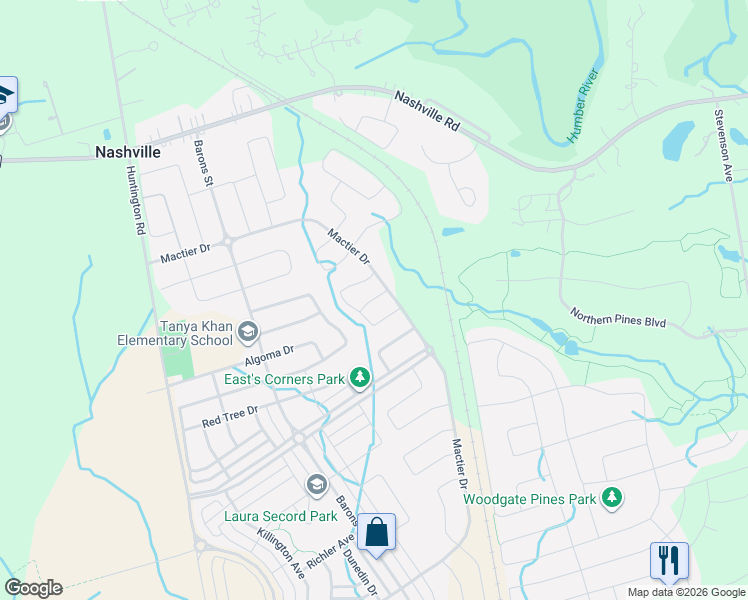 map of restaurants, bars, coffee shops, grocery stores, and more near 2 Gold Creek Street in Vaughan