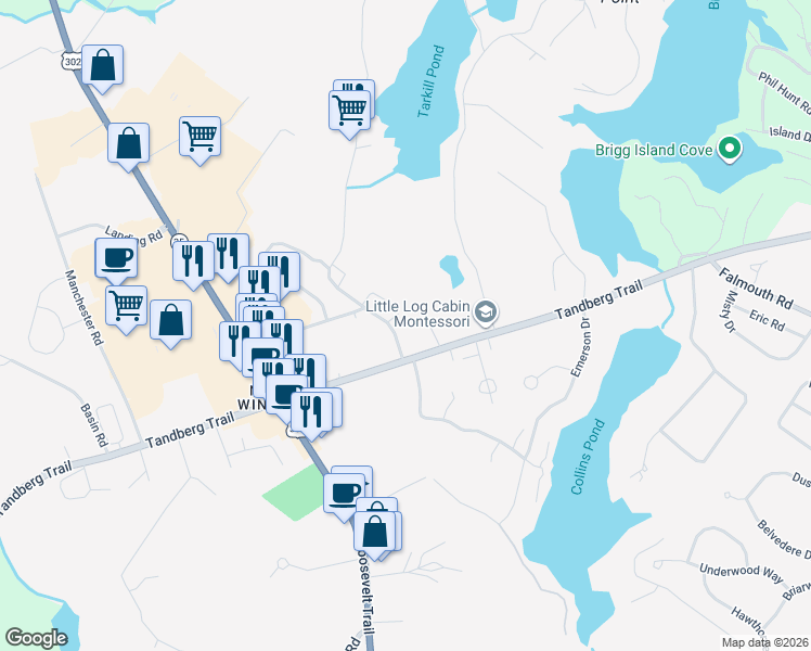 map of restaurants, bars, coffee shops, grocery stores, and more near 9 Sand Bar Road in Windham