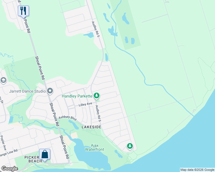 map of restaurants, bars, coffee shops, grocery stores, and more near 59 Moynahan Crescent in Ajax