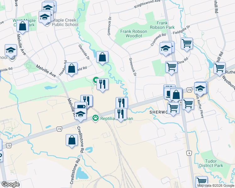 map of restaurants, bars, coffee shops, grocery stores, and more near 2504 Rutherford Road in Vaughan