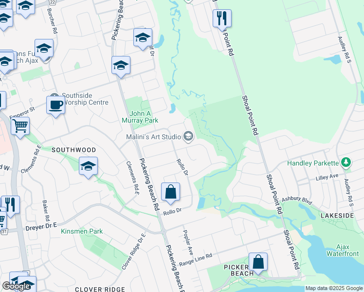 map of restaurants, bars, coffee shops, grocery stores, and more near in Ajax