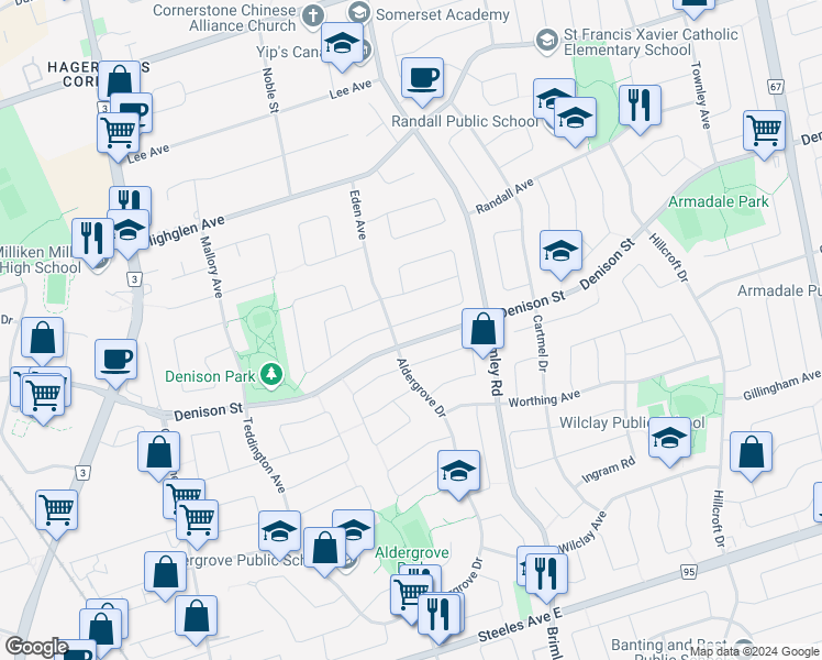 map of restaurants, bars, coffee shops, grocery stores, and more near in Markham
