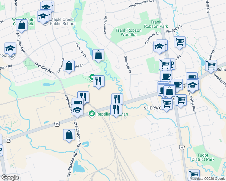 map of restaurants, bars, coffee shops, grocery stores, and more near in Vaughan