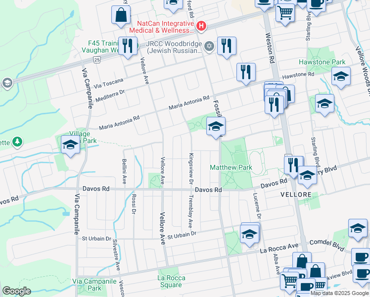 map of restaurants, bars, coffee shops, grocery stores, and more near in Vaughan
