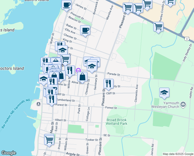 map of restaurants, bars, coffee shops, grocery stores, and more near 21 Seminary Street in Yarmouth