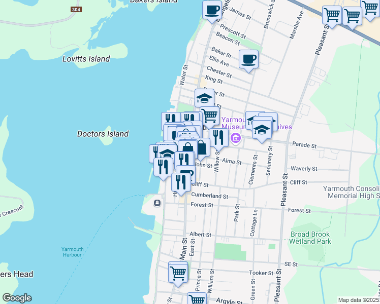 map of restaurants, bars, coffee shops, grocery stores, and more near 352 Main Street in Yarmouth
