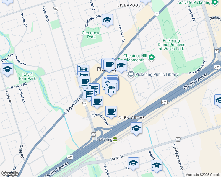 map of restaurants, bars, coffee shops, grocery stores, and more near 1355 Kings Road in Pickering