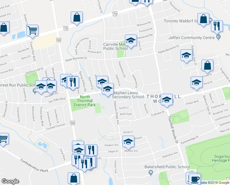 map of restaurants, bars, coffee shops, grocery stores, and more near 507 Autumn Hill Boulevard in Vaughan
